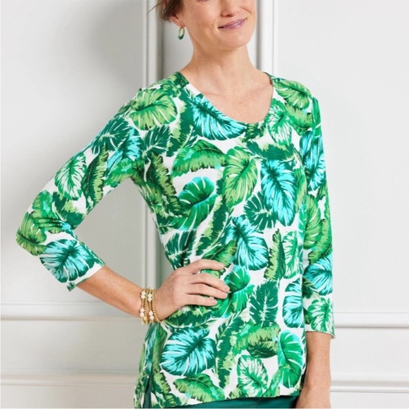 Talbots Isle Fronds V-neck Print Cotton Sweater 3/4 Sleeve Green Tropical 3X - Picture 15 of 15